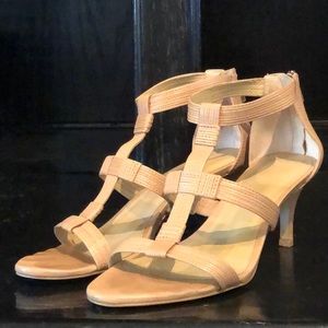 Ann Taylor Tan Leather Zip Back Strappy Heeled Sandals
